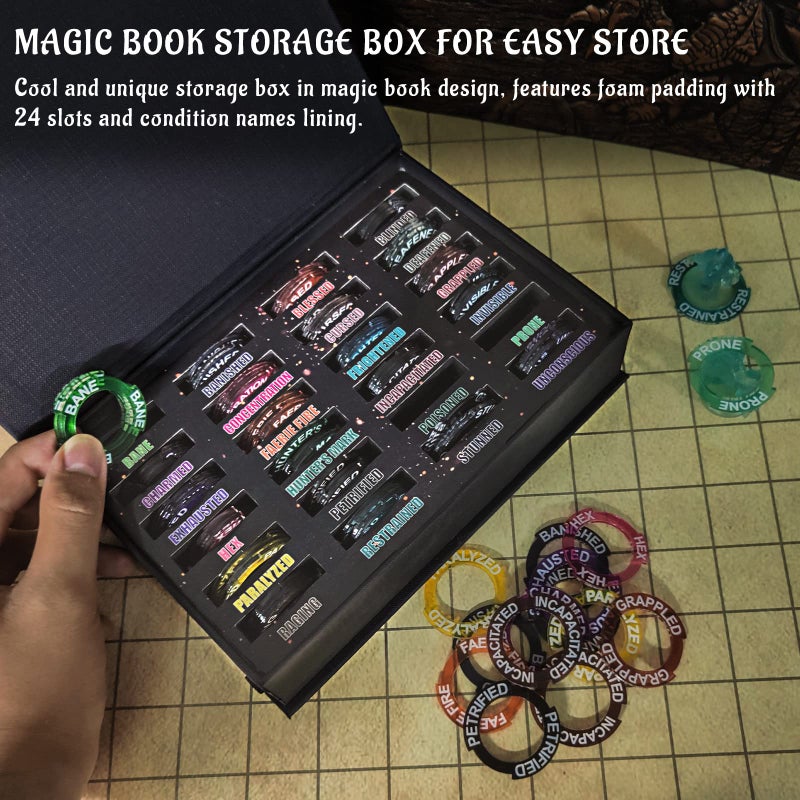 CZYY Upgraded Condition Rings 96 PCS Status Effect Markers in 24 Conditions & Spells Magic Book Storage Box Great DM Tool for Dungeons & Dragons, Pathfinder, D&D and RPG Miniatures - Image 3